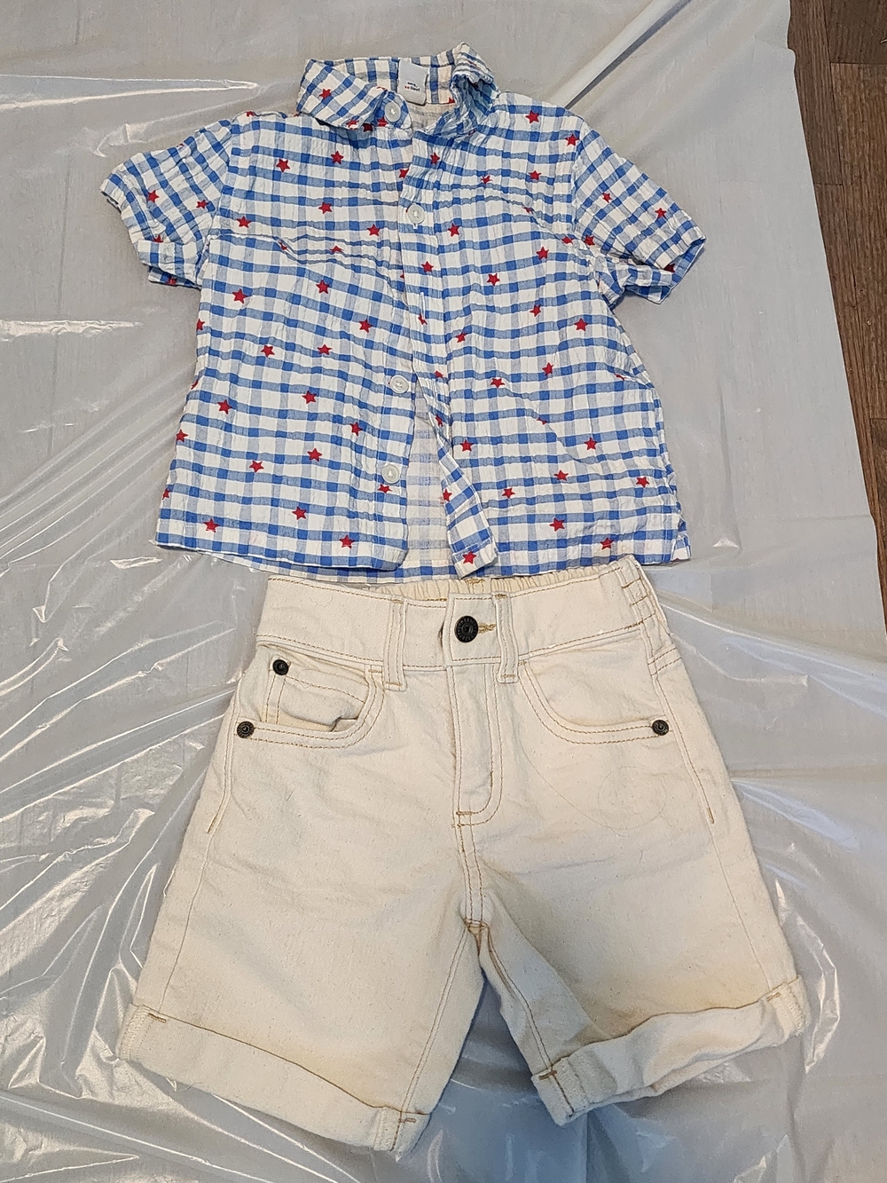 Old Navy Blue and White Plaid Baby Shirt with Red Star Detail